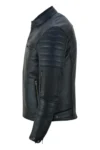 Men’s Black Leather Biker Jacket Side View – Quilted Sleeve Design
