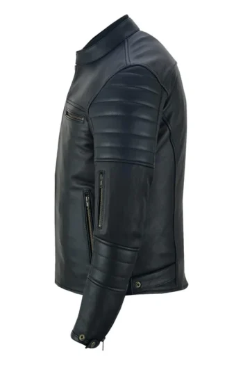 Side view of men's black leather biker jacket with quilted sleeves and zippered pocket