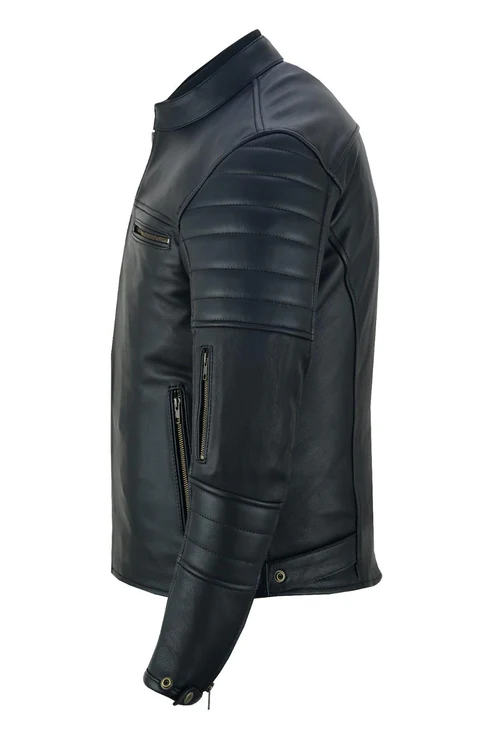 Men's Black Leather Biker Jacket Side View – Quilted Sleeve Design Side view of men's black leather biker jacket with quilted sleeves and zippered pocket