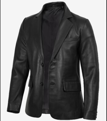 Side angled view of a men's black leather blazer jacket on a mannequin.