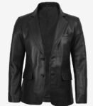 Front view of a men's classic black leather blazer jacket with two buttons and flap pockets.