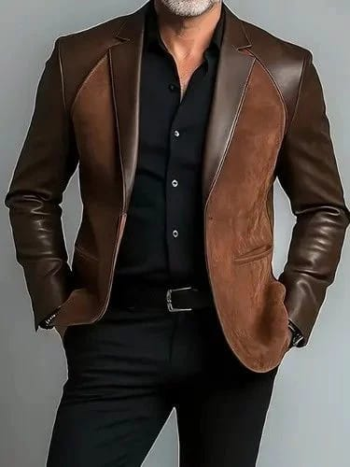 Man wearing a brown genuine leather blazer jacket with a tailored single-breasted design, notch lapel collar, contrasting leather panels, and front pockets.