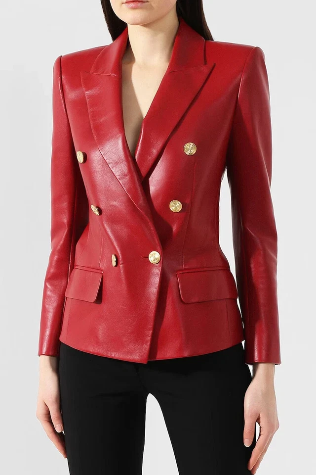 s-l960 (44) Women's red genuine leather double-breasted blazer jacket with metallic buttons, tailored fit, notch lapel collar, and full-length sleeves.