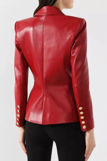 Women's red genuine leather double-breasted blazer jacket with metallic buttons, tailored fit, notch lapel collar, and full-length sleeves.